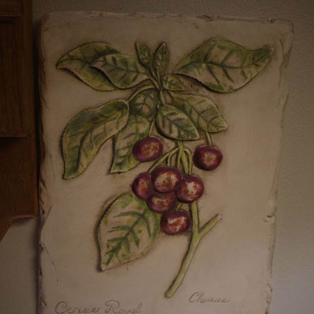 feathers Cherry Botanical Relief Wall Art - Green & Red